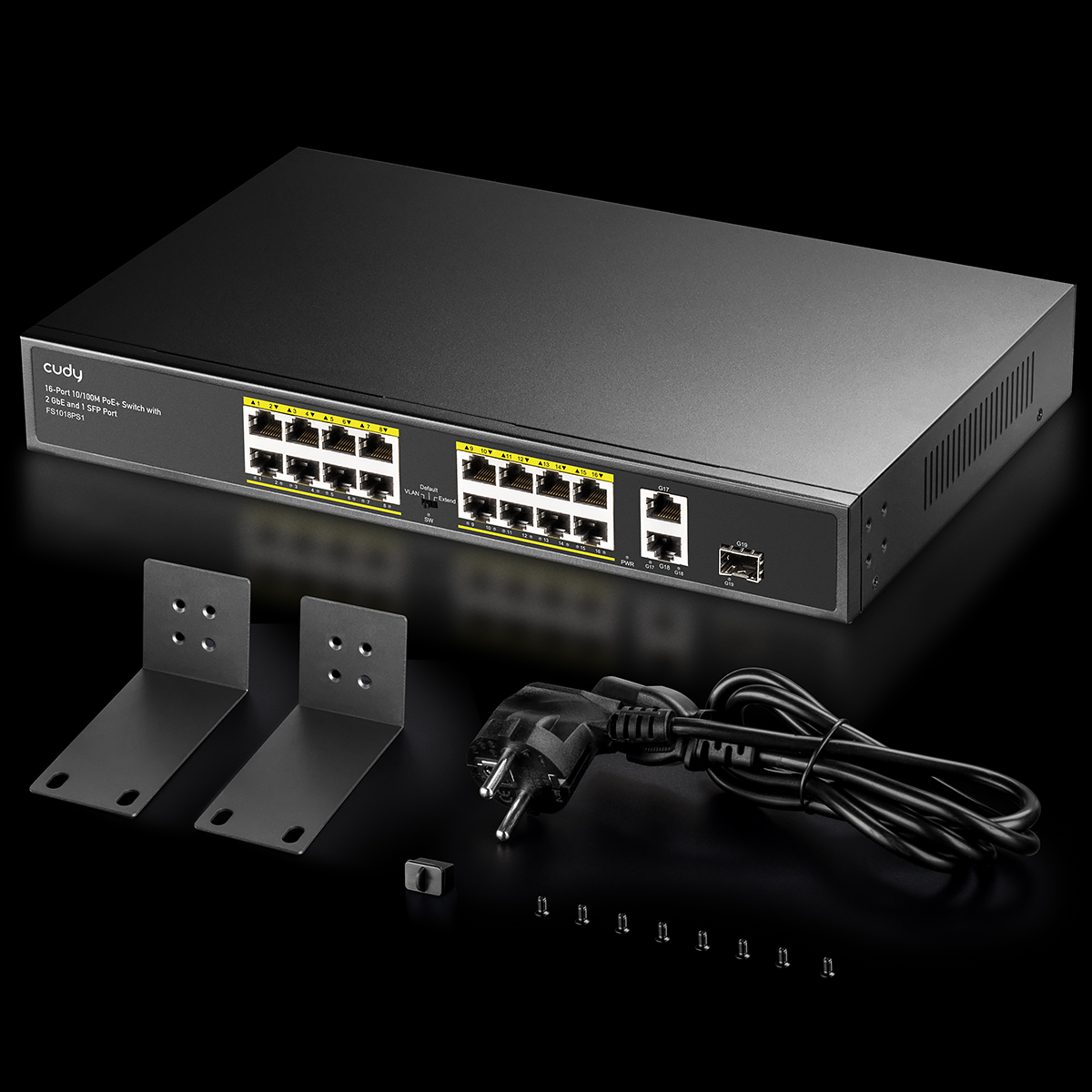 CUDY FS1018PS1 16 Port 10/100 Yönetilemez +2 Port Gb. 1 SFP (1GB) Rack mount (16 Port Poe+) 200W Switch