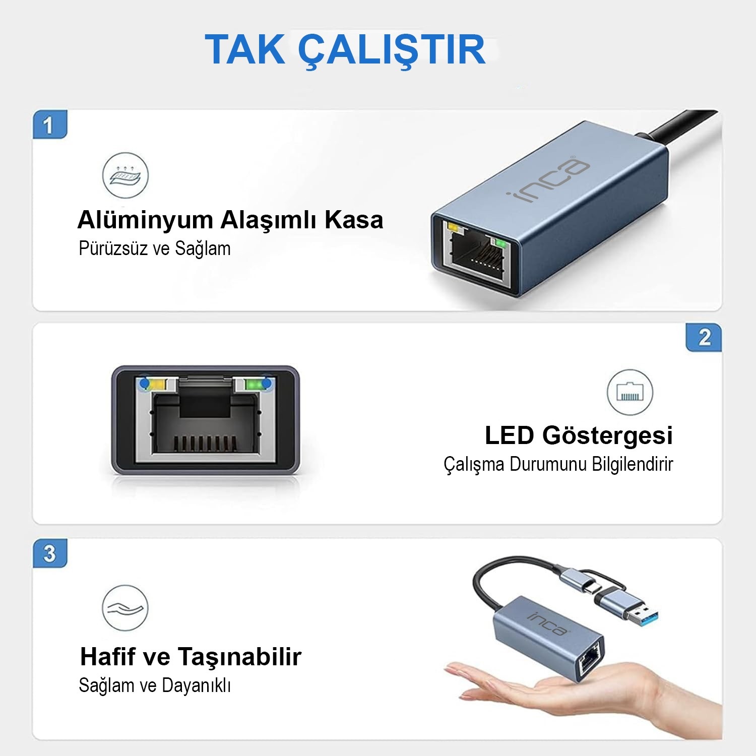 INCA IUTP-01T USB 3.0 & TYPE-C 10/100/1000Mbps Gigabit Ethernet Adaptörü