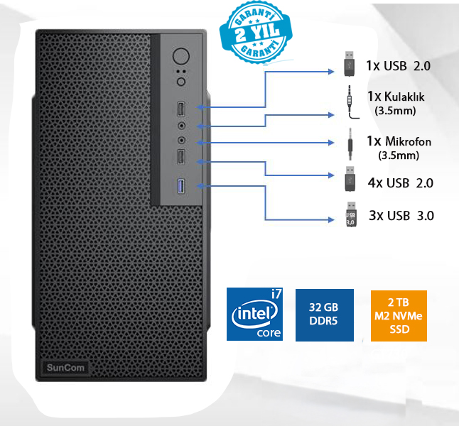 SUNCOM Force SC3-170 i7-14700 32GB 2TB SSD O/B DOS Masaüstü PC Wi-Fi