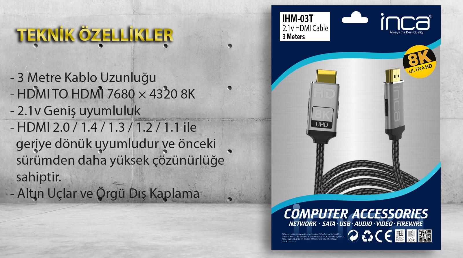 INCA IHM-3T 3 Mt 2.1V HIGH SPEED 8K HDMI Kablo - Resim 4