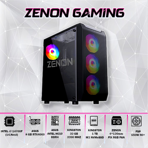 ZENON GAMING ZG-144 i7-14700F 32GB 1TB SSD 8gb RTX4060 DOS Masaüstü PC (3 Yıl Garanti)