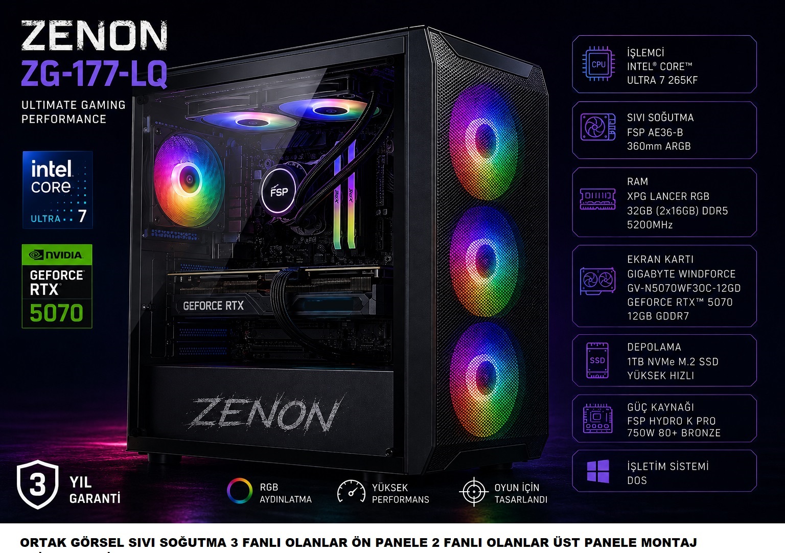ZENON Gaming ZG-177-LQ Ultra 7 265KF 32GB 1TB SSD 12gb RTX5070 DOS Masaüstü Oyun Bilgisayarı (3 Yıl Garanti) ürün görseli