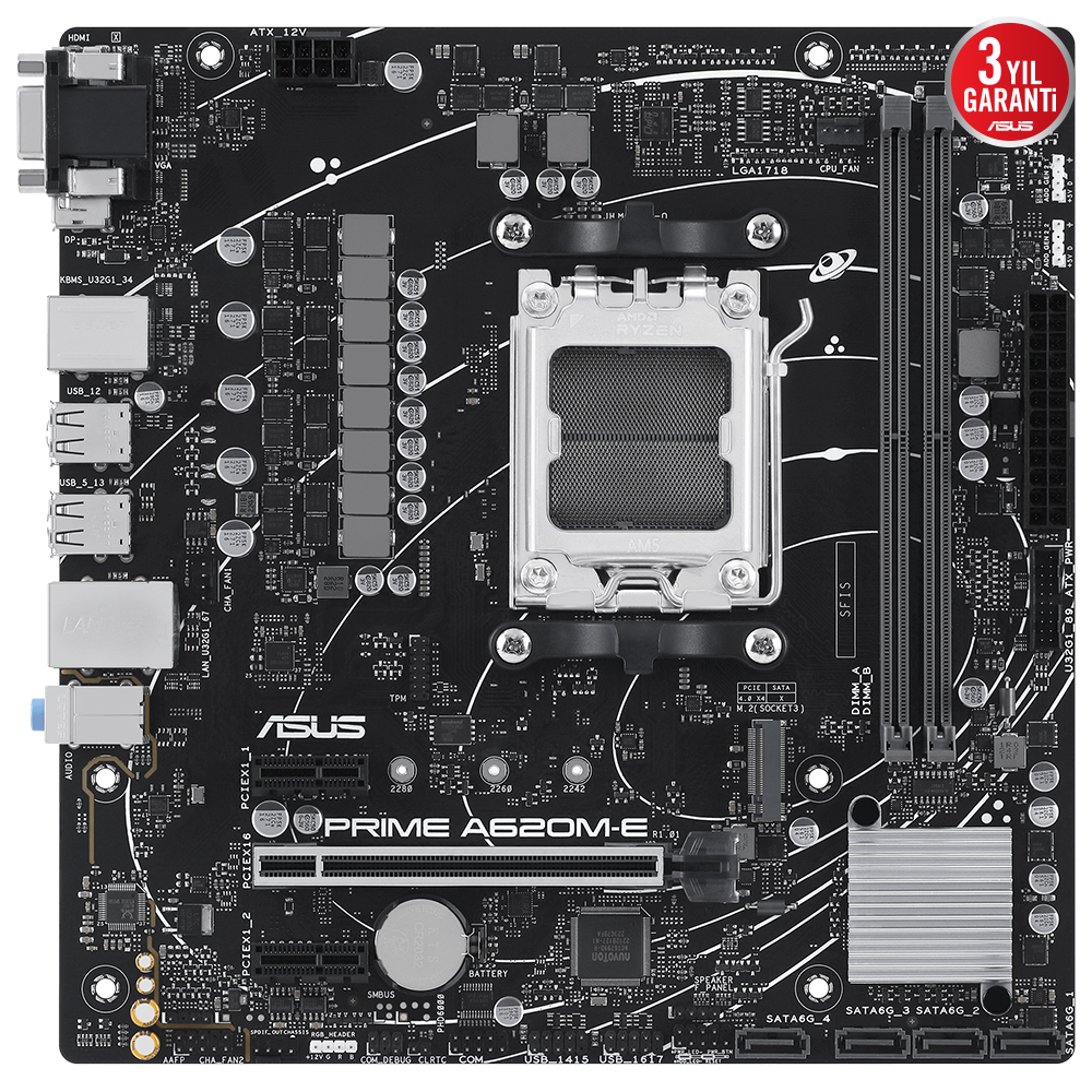 ASUS PRIME A620M-E A620 DDR5 (Vga Yok) GLan mATX HD DP USB3 M2 RGB AM5 AMD Anakart