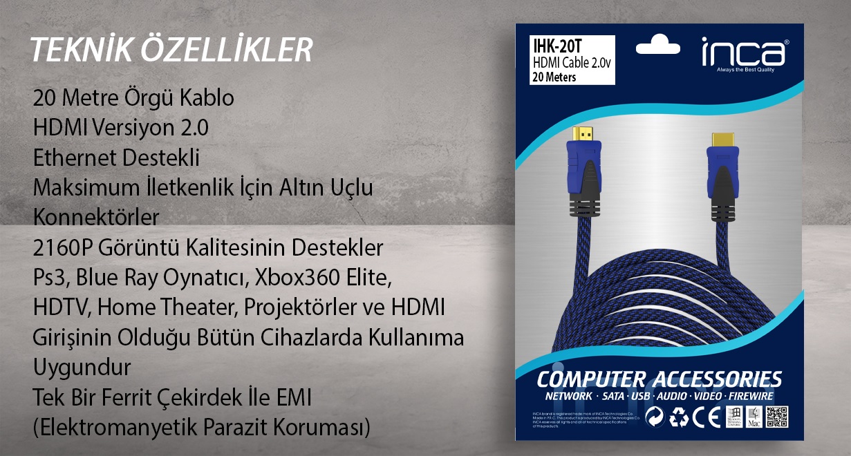 INCA IHK-20T 20 Mt 2.0V 4K& 2K & FULL HD HDMI Kablo - Resim 4