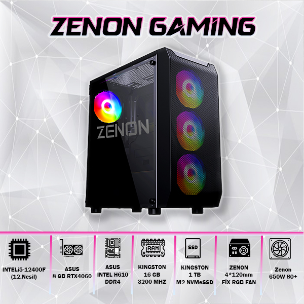 ZENON GAMING ZG-142 i5-12400F 16GB 1TB SSD 8gb RTX4060 DOS Masaüstü PC (3 Yıl Garanti)
