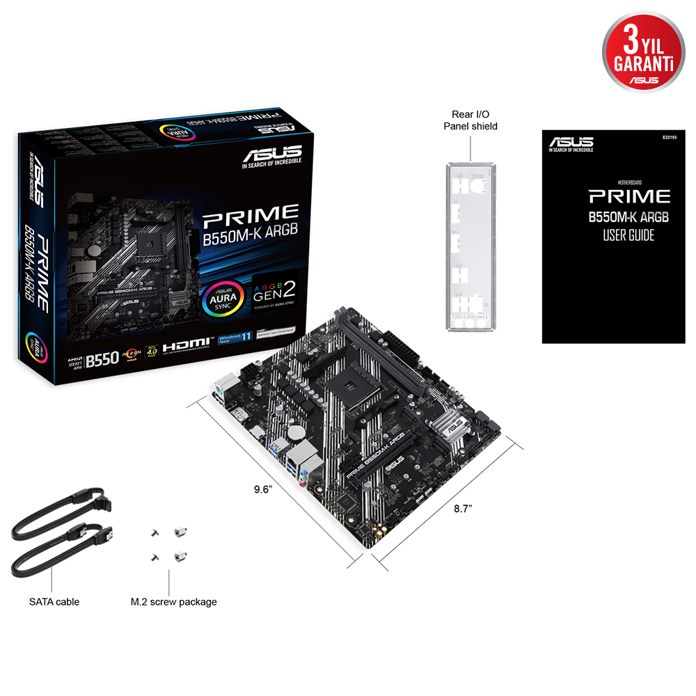 ASUS PRIME B550M-K ARGB B550 DDR4 (Vga Yok) GLan mATX HD DP US3 M2 AM4 AMD Anakart