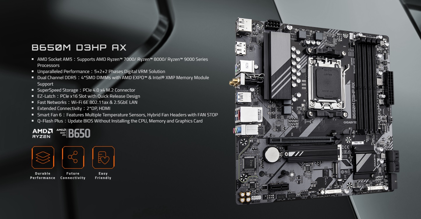 GIGABYTE B650M D3HP AX B650 DDR5 (Vga Yok) GLan 2.5G mATX HD DP WIFI BT 2xM2 RGB AM5 AMD Anakart