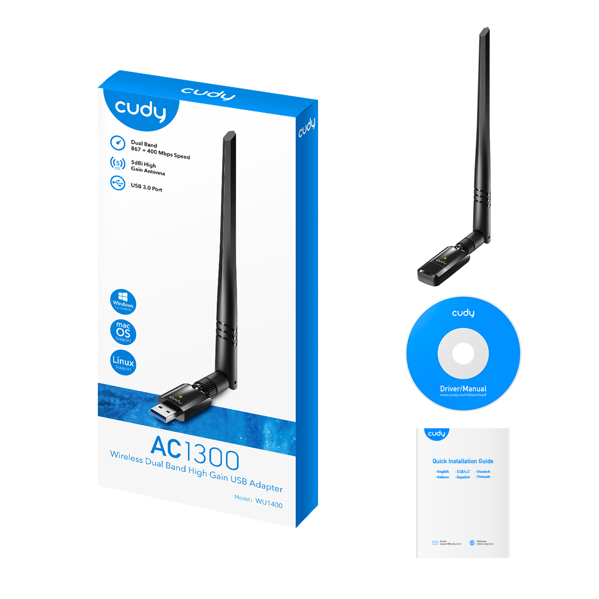 CUDY WU1400 1300Mbps USB 3.0 1 high gain detachable Kablosuz Adaptör