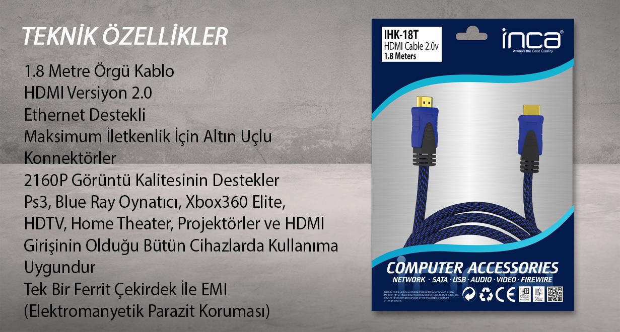 INCA IHK-18T 1.8 Mt 2.0V 4K& 2K & FULL HD HDMI Kablo - Resim 4