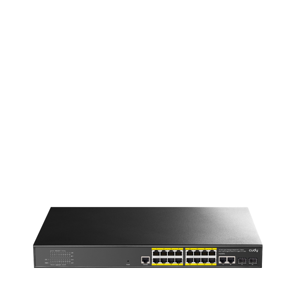 CUDY GS2018PS2-200W 16 Port 10/100/1000 Yönetilebilir (L2) +2 Port Gb. 2 SFP (1GB) Rack mount (16 Port Poe+) 200W Switch