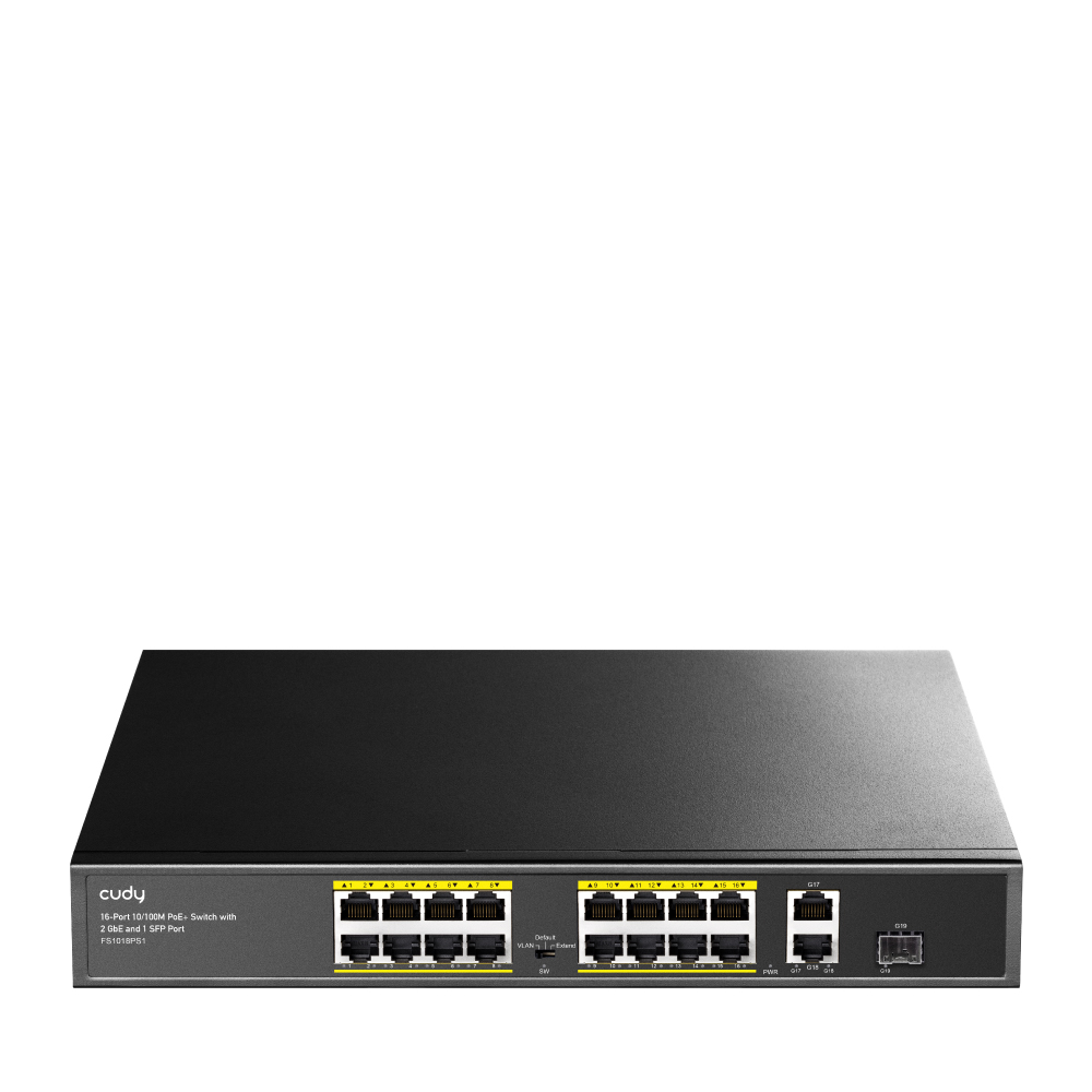 CUDY FS1018PS1 16 Port 10/100 Yönetilemez +2 Port Gb. 1 SFP (1GB) Rack mount (16 Port Poe+) 200W Switch