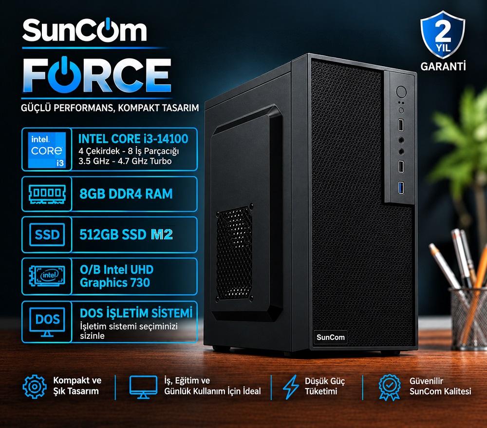 SUNCOM Force SC3-188 i3-14100 8GB 512GB SSD O/B DOS Masaüstü PC ürün görseli