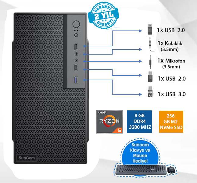 SUNCOM Force SC3-173 Ryzen 5 PRO 4650G 8GB 256GB SSD O/B DOS Masaüstü PC Wi-Fi