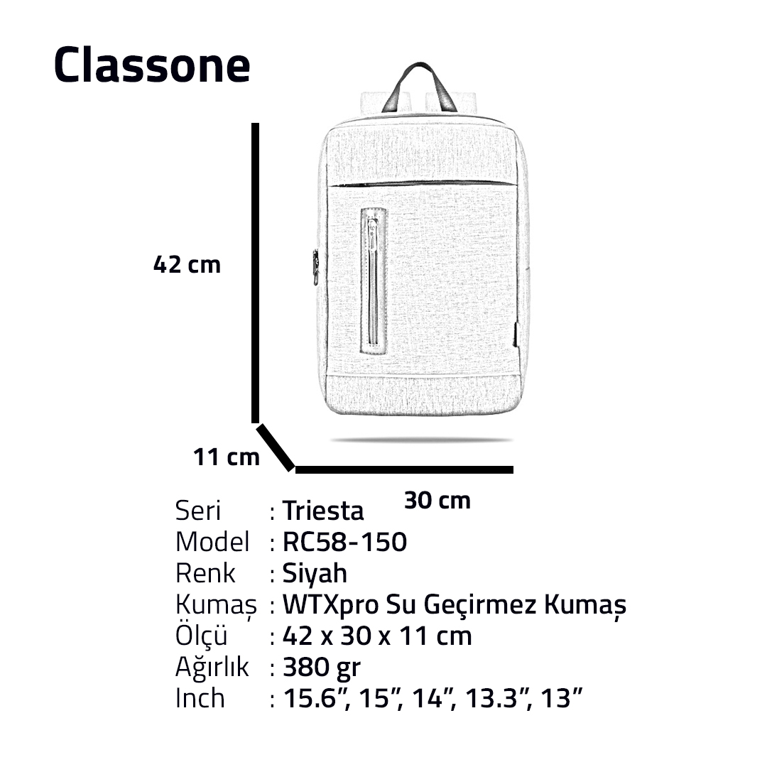 CLASSONE RC58-150 15.6" Su Geçirmez Kumaş Siyah Notebook Sırt Çantası