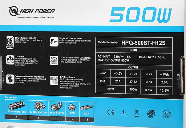 HIGH POWER HPQ-500ST-H12SBK 500W 80+ Siyah 12cm Fanlı (Bulk) Power Supply