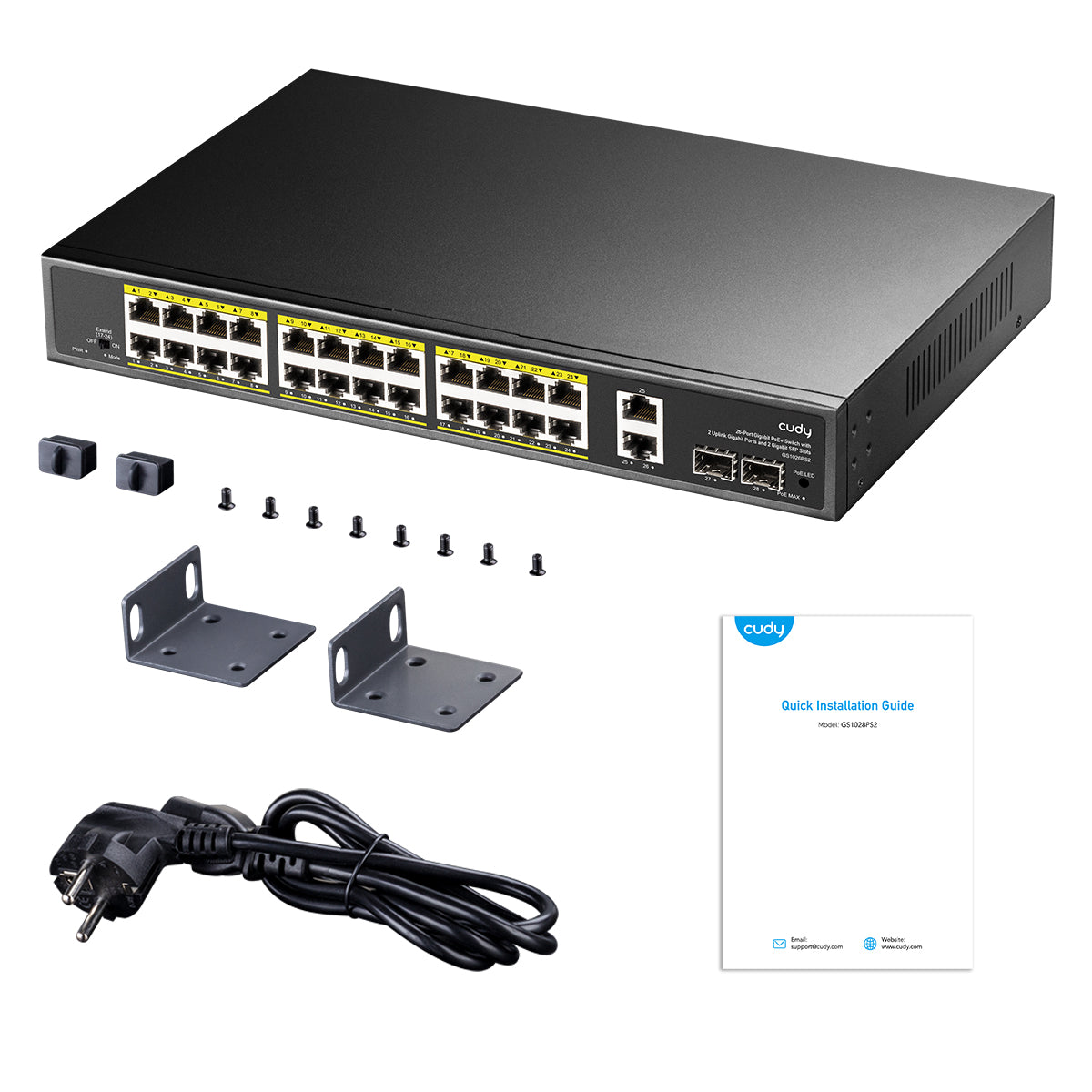 CUDY GS1026PS2 24 Port 10/100/1000 Yönetilemez +2 Port Gb. 2 SFP (1GB) Rack mount (24 Port Poe+) 300W Switch