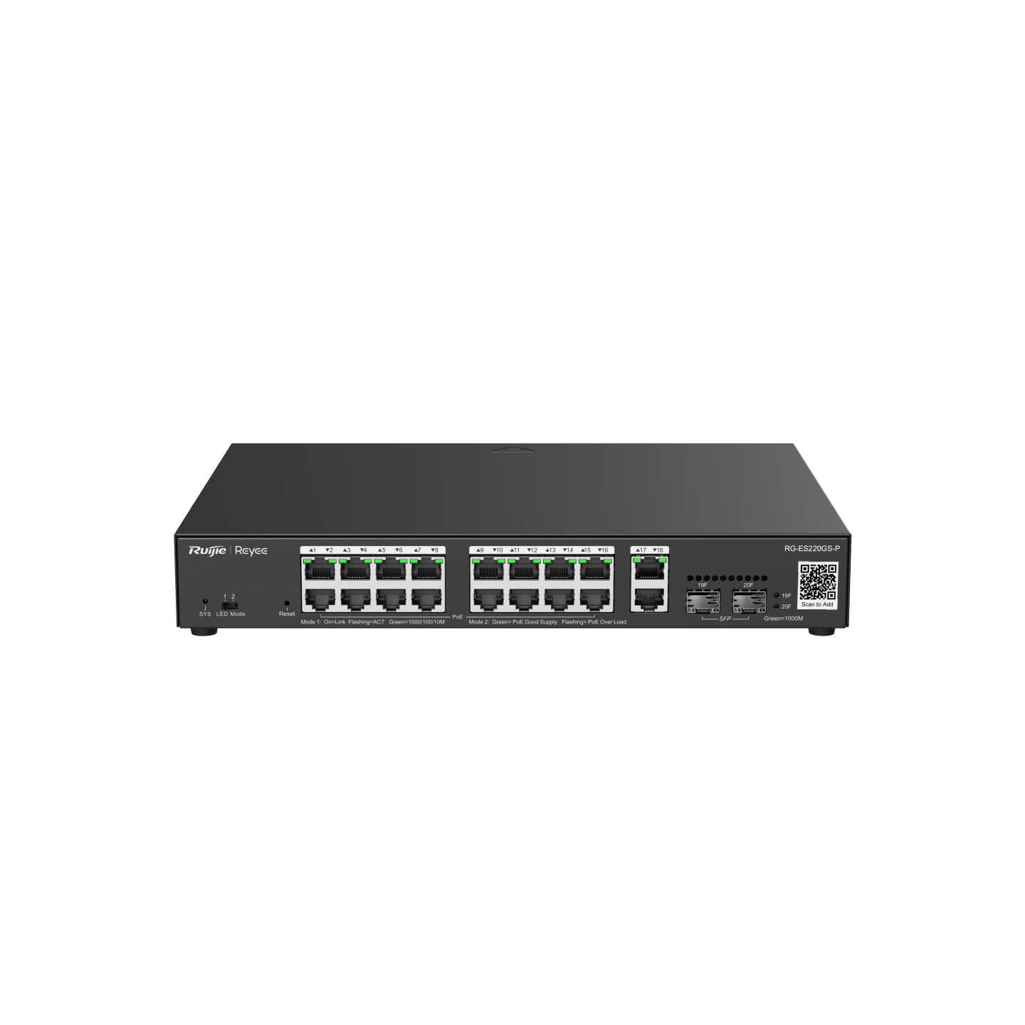 RUIJIE-REYEE RG-ES220GS-P 16 Port 10/100/1000 Yönetilebilir (L2) 2 SFP Rack mount 16 PORT POE 250W Switch