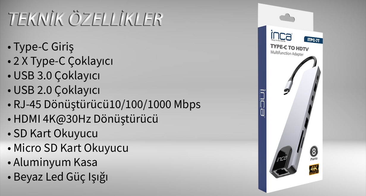 INCA ITPC-7T 8 Port Type-C Hub+Çevirici Aluminyum Çoklayıcı