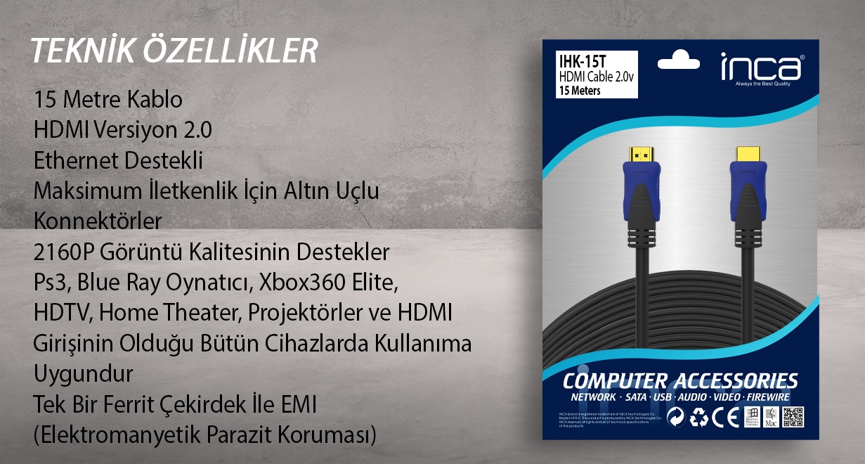 INCA IHK-15T 15 Mt 2.0V 4K& 2K & FULL HD HDMI Kablo - Resim 4