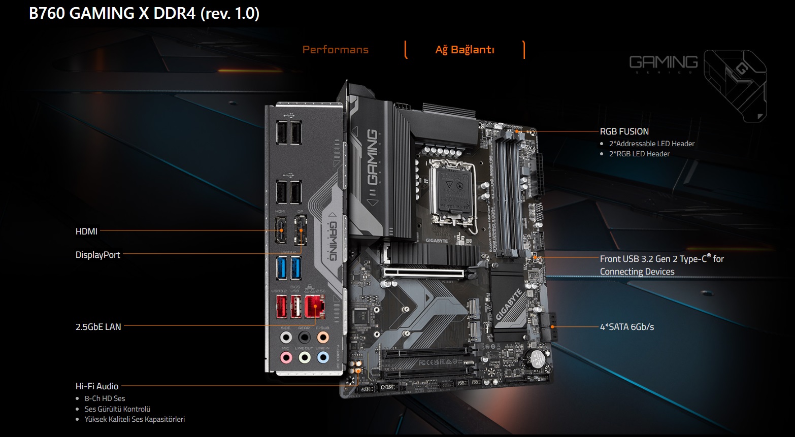 GIGABYTE B760 GAMING X B760 DDR4 (Vga Yok) GLan 2.5G ATX HD DP USB3 M2 RGB 1700p Anakart